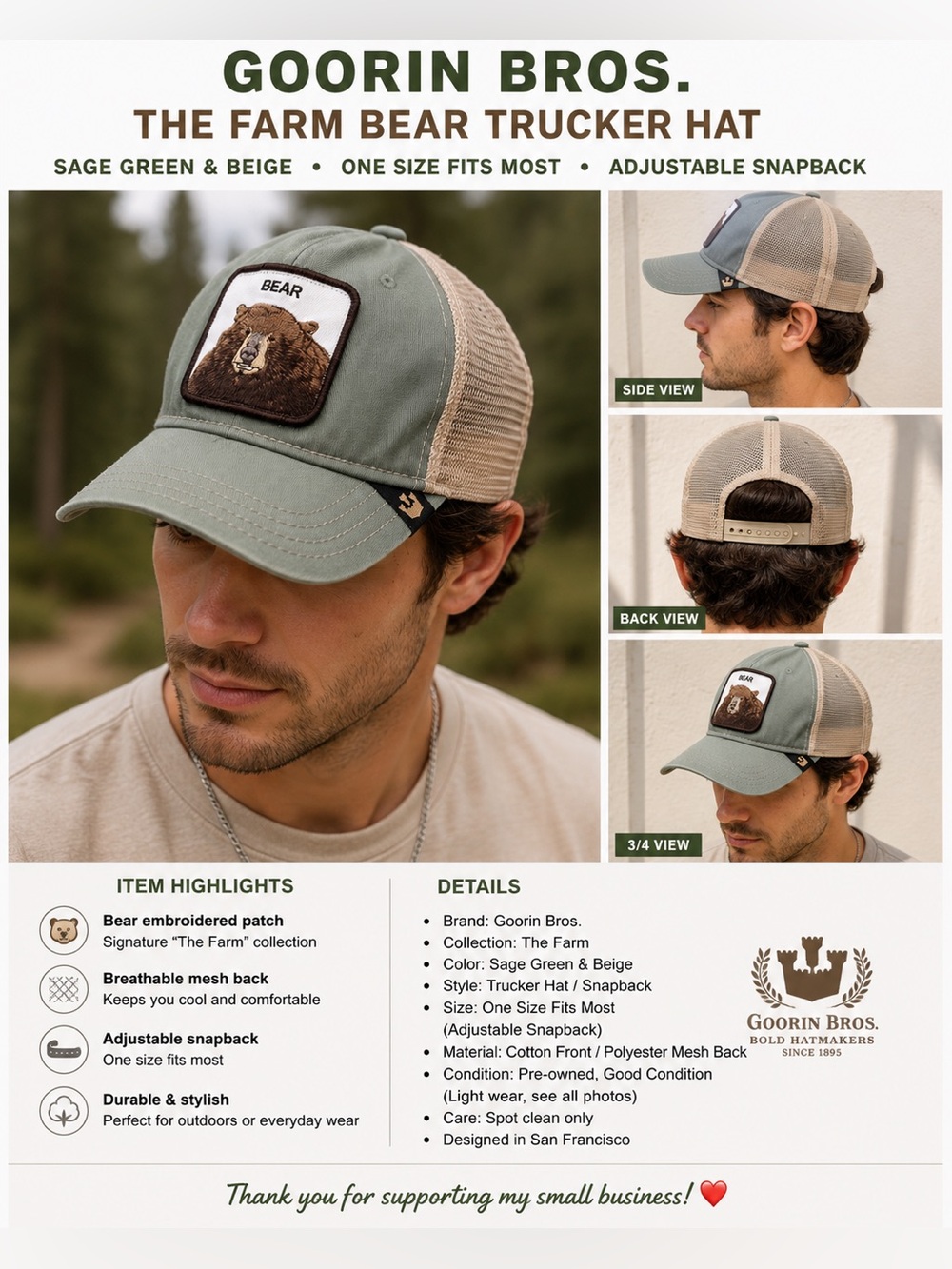 Goorin Bros The Farm Bear Trucker Hat Green Beige Mesh Snapback Adjustable Cap